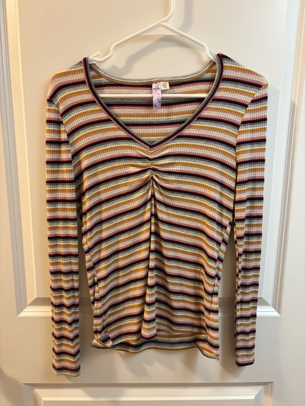 Alya Striped V-Neck Long Sleeve Top in Cream, Mustard, Burgundy, Gray, and Black